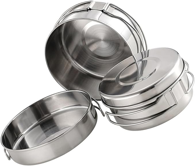 Stainless Steel Camping Cookware Set Portable 4pcs Pot Pan with Foldable Handles Easy-Clean Outdoor Cooking Utensils for Hiking and Backpacking