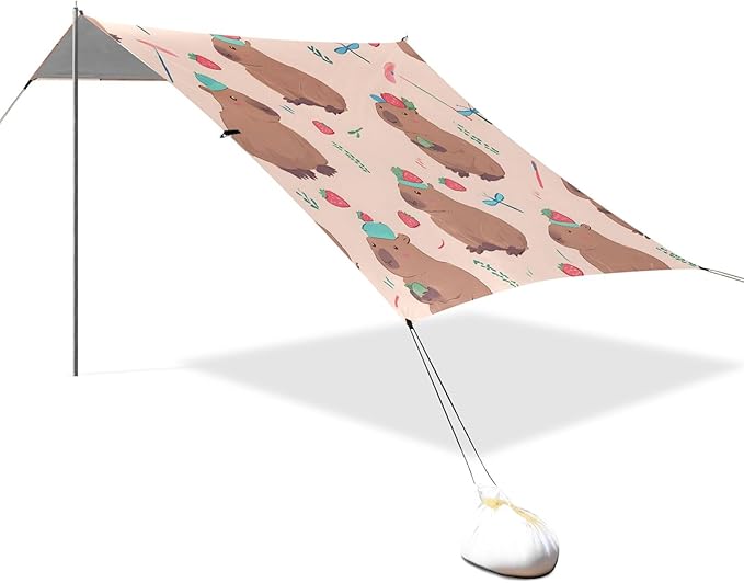 Capybara Strawberry Pattern Camping Sun Shelter Beach Tent Portable Beach Sun Shade Outdoor Canopy for Camping Trips Fishing Picnic