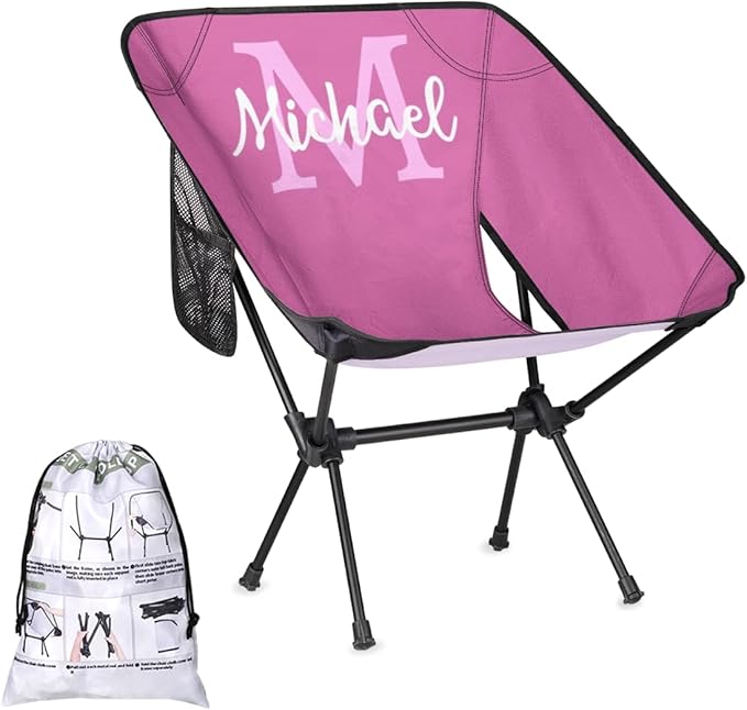 Custom Rose Pink Portable Camping Chair Personalized Backpacking Chair with Name Lightweight Foldable Chairs for Hiking Beach