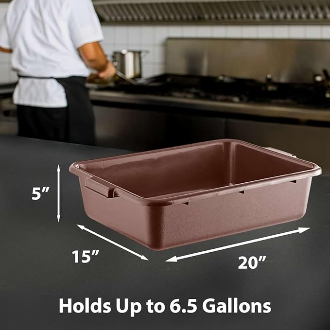 6-Pack 20 x 15 x 5 Commercial Bus Tub/Bus Box - 6.5 Gallons without Lid - Heavy-Duty Polypropylene Dish Box for Restaurants Kitchens and Foodservice - Stackable and Freezer-Safe - Brown