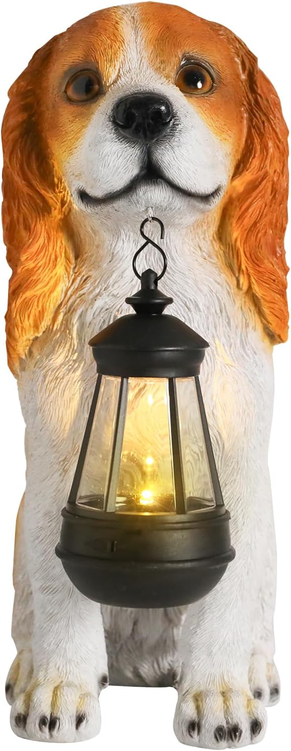 Afirst Dog Garden Statue - Outdoor Decor with Solar Lantern Valentine's Day Gift Lovely American Cocker Spaniel Figurine Patio Lawn Yard Art Ornaments Housewarming Gift