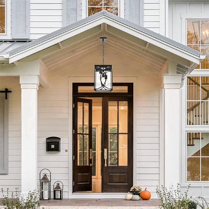 Outdoor Pendant Light Fixture 3-Light Black Large Exterior Hanging Lantern with Clear Glass Metal Outdoor Chandelier Porch Lighting for Front Porch Entrance