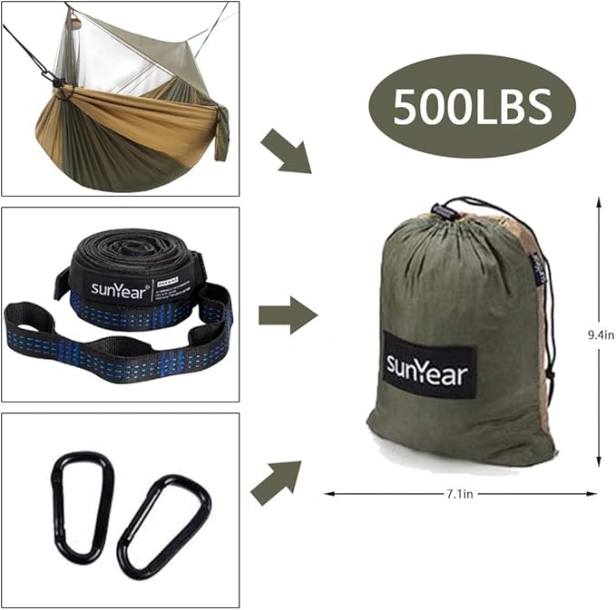 Sunyear Hammock Camping with Rain Fly Tarp and Net Portable Camping Hammock Double Tree Hammock Outdoor Indoor Backpacking Travel &amp Survival 2 Tree Straps100% Waterproof