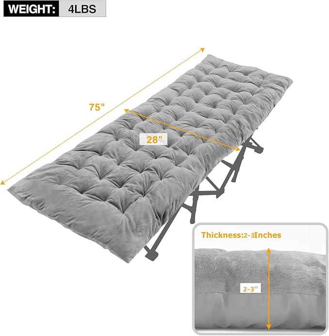 REDCAMP Folding Cot Pads for Sleeping Extra Thick Soft Comfortable Velvet &amp Corduroy Cotton Camping Cot Mattress Pad for Backpacking Hiking Black Blue Brown Grey 75x30 inches