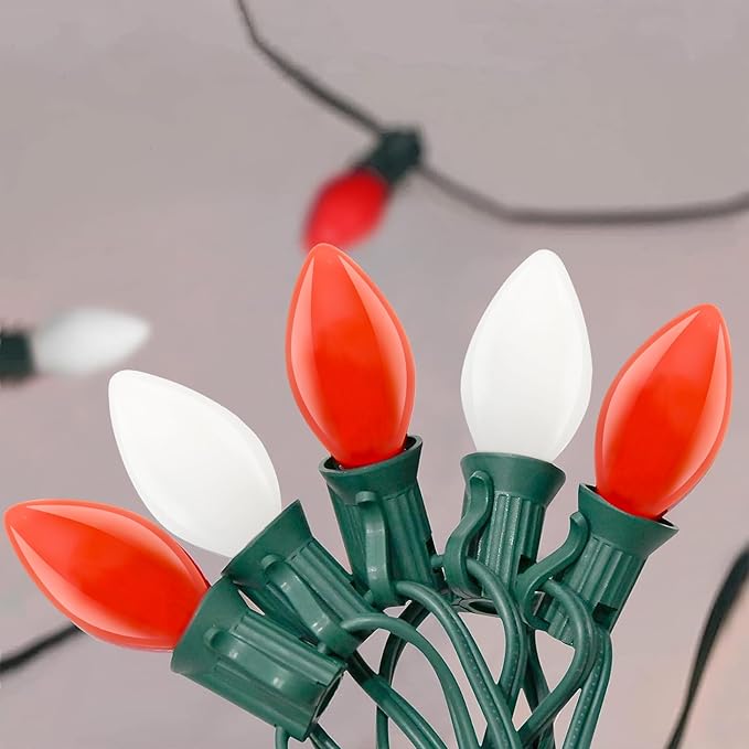 SUNSGNE C7 LED Vintage Christmas Lights 25ft Outdoor Christmas String Lights with 27 Red and White LED Bulbs(2 Spare) for Patio Balcony Garden Roofline Decorations E12 Base Socket