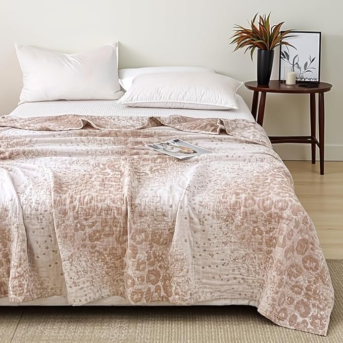 ITFRO Leopard Cooling 3 Layer Cotton Muslin Blanket for Hot Sleepers 80x92 Inches Lightweight Breathable Reversible Summer Camping Blanket All Seasons for Couch Sofa Bed (Leopard Khaki 80x92)