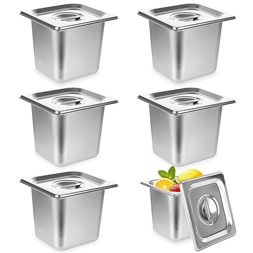 LANIAKEA 6PCS Hotel Pans with Lids Stainless Steel Steam Table Pan Restaurant Supplies 1/6 Size x 6 inch Deep Stainless Steam Table Pans Hotel Pan Trays for Food Party Catering Supplies