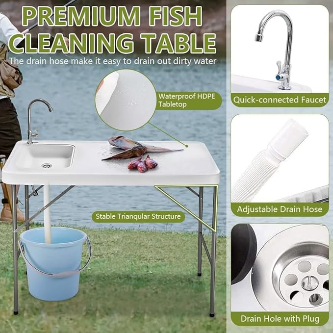 Portable Folding Table Camping Sink Table Portable Camping Folding Desk Food Cleaning and Cutting Outdoor Picnic/Camping Table with Sink Faucet