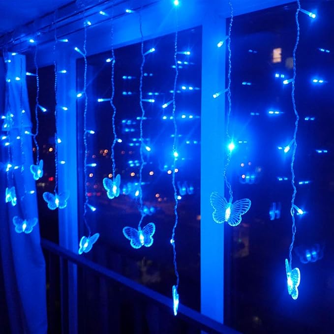 Blue Butterfly Curtain Fairy Lights USB Plug in120 LED 8 Modes 20FT Firefly Twinkle Icicle String Lights with Remote Timer Waterproof for Bedroom Christmas Wedding Party Dorm Decor