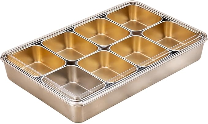 8-Compartment Stainless Steel Yakumi Pan 20.29 Oz / 600 Ml Each Section with Clear Lid and Spoon Commercial Condiment Containers for Tea Ice Jelly Shops