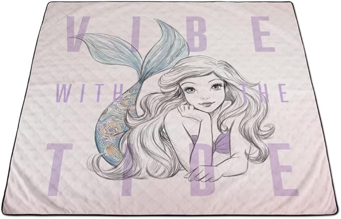 Picnic TIME Disney The Little Mermaid Impresa Picnic Blanket Lightweight Folding Beach Blanket with Carry Backpack Machine Washable Water Resistant Fleece Picnic Mat (Black and White)
