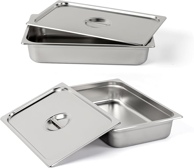 ROVSUN 2-Pack Full Size Hotel Steam Table Pan with Lid 4 Inch Deep Stainless Steel Anti Jam Pan for Party Home Commercial