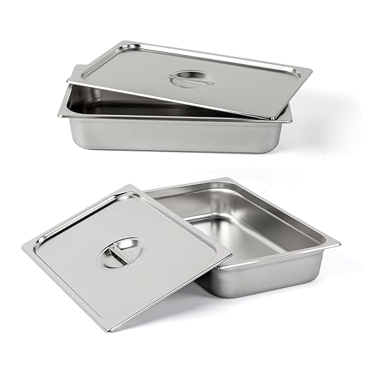 ROVSUN Full Size Hotel Pan 2-Pack 4 Inch Deep Steam Table Pan with Lid Stainless Steel Anti Jam Pan for Party Home Commercial