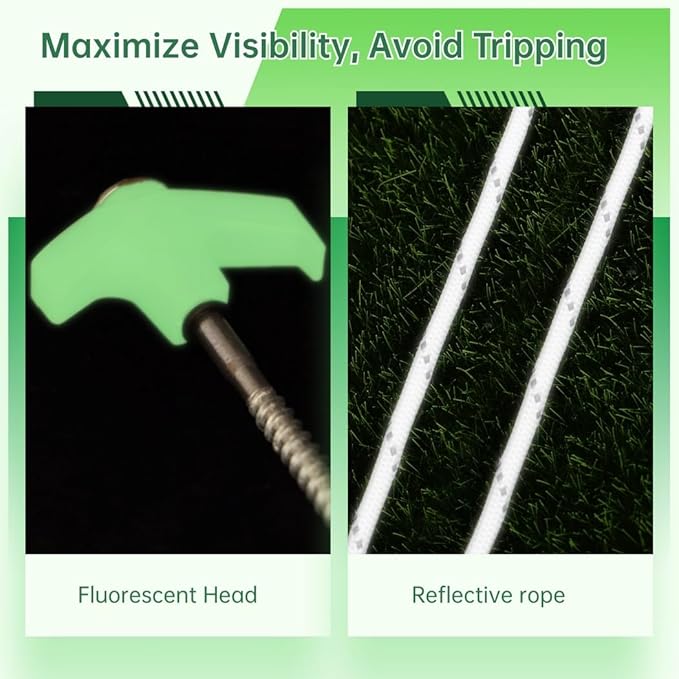 Camping Peg Kit: 10 Screw-in Metal Tent Stakes with Fluorescent Heads Reflective Cords Tensioners Socket &amp Storage Box 8 Inch for Outdoor Use