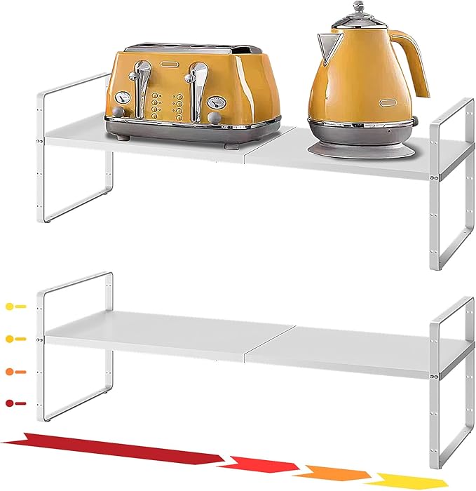 16.5~27.1 Expandable Shelf Organizer 2Pack 8.1 Wide Stackable Cabinet Shelf Organizers White Metal Sturdy Kitchen Counter Storage for Countertop Adjustable Height Spice Rack
