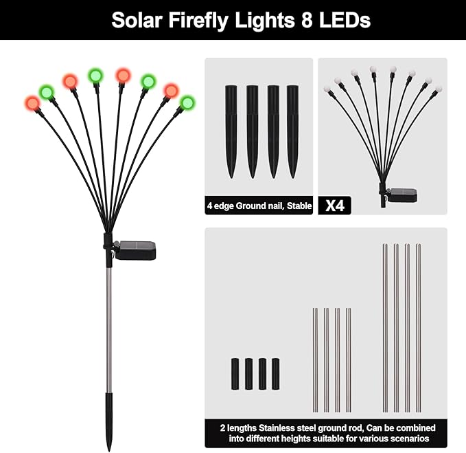 Solar Firefly Lights Outdoor Waterproof 8 Modes Red and Green Firefly Swaying Solar Garden Lights Stakes for Outside Christmas Holiday Yard Patio Plant Garden Decor 4 Pack(Red &amp Green)
