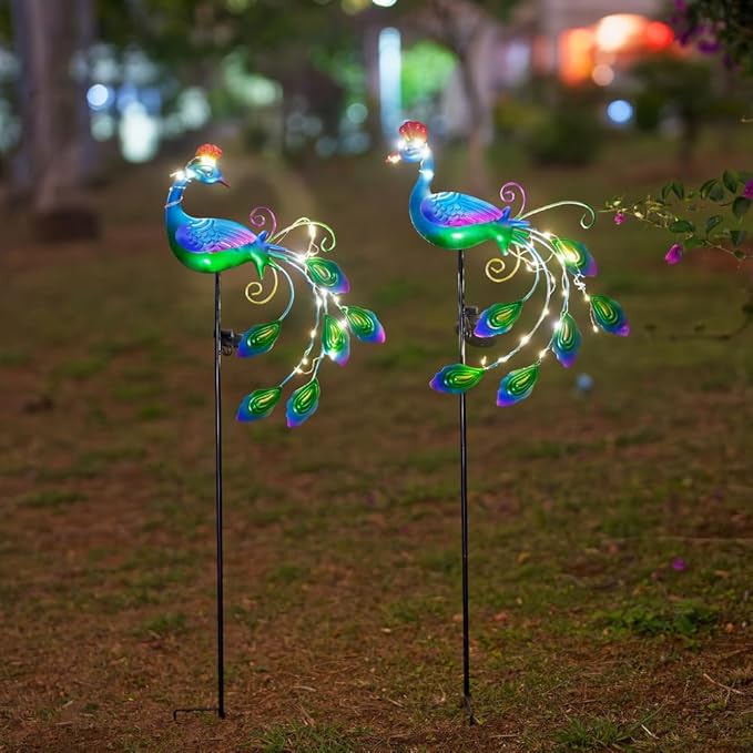 DREAMSOUL 2 Pack Metal Peacock Solar Lights Outdoor Waterproof LED Solar Lights Decorative Garden Stakes for Yard Pathway Peacock Decor