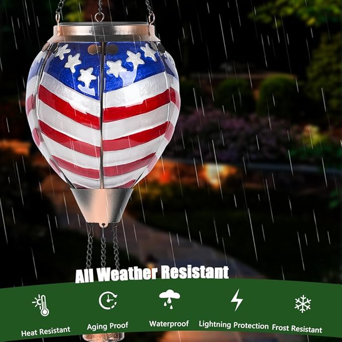 Hot Air Balloon Solar Lantern - U.S Flag Patriotic Glass Lantern Simulated Flickering Dancing Flame Outdoor Hanging Yard Light Waterproof IP65 Ideal 4th of July Gift for Patriot Patio Decor