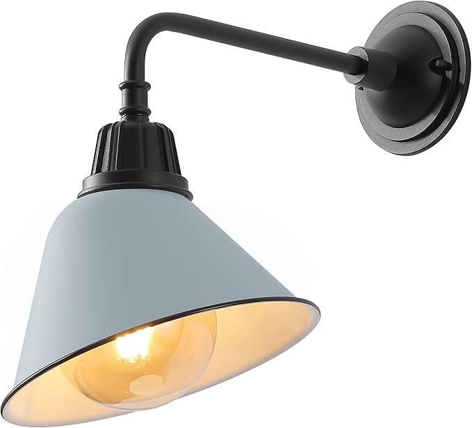JONATHAN Y 9.63 Matte Silver Blue/Black Farmhouse Outdoor Sconce Industrial LED Wall Light Gooseneck Arm Barn Lamp with Metal Bell Shade for Porch Patio Kitchen LED Bulb Included (JYL7612K)