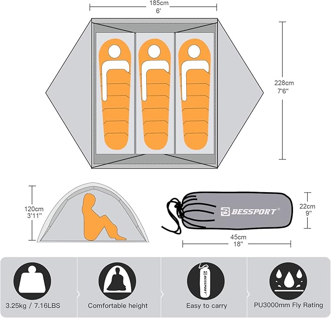 Bessport Camping Tent for 2-3 Person Lightweight Backpacking Tent Waterproof Windproof Two Doors Easy Setup Double Layer Outdoor Tents for 3 to 4 Seasons Suitable for OutdoorHikingCamping