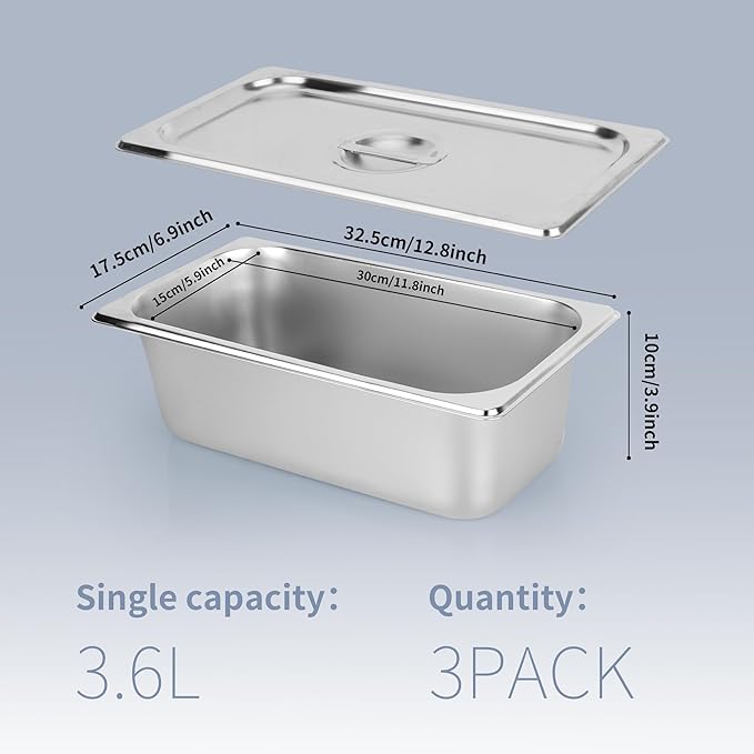 3 Pack 1/3 Size Steam Table Pan with Lid 4 Inch Deep Restaurant Hotel Pan Stainless Steel Steam Containers for Household or Kitchen Use