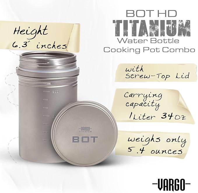 Vargo Titanium BOT Series | BOT-HD Bottle Pot – 1 Liter (34 oz.) Ultralight Water Bottle Cooking Pot Weighs 153 grams (5.4 oz.) | Backpacking Camping