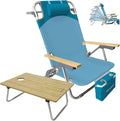 Folding Backpack Beach Chair for Adults &amp Teens Aluminum 5-Position Lay Flat Lounge Chair with Camping Bamboo Table 200LBS Beach Reclining Chair Outdoor with Cooler Bag Cyan