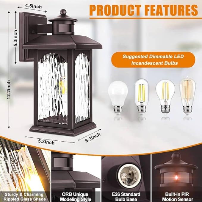 2 Packs Motion Sensor Outdoor Lights - Brown Dusk to Dawn Outdoor Lighting Oil Rubbed Bronze Exterior Light Fixtures Waterproof Porch Lights Wall Sconce for House Garage Entryway Anti-Rust