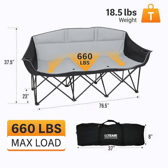 GoTEAM! Portable Folding Bench Couch – 3 Seat Collapsible Outdoor Chair with Cup Holders &amp Carry Bag – Heavy Duty 600D Nylon for Camping Sports Tailgating Beach &amp Backyard (Black/Gray)