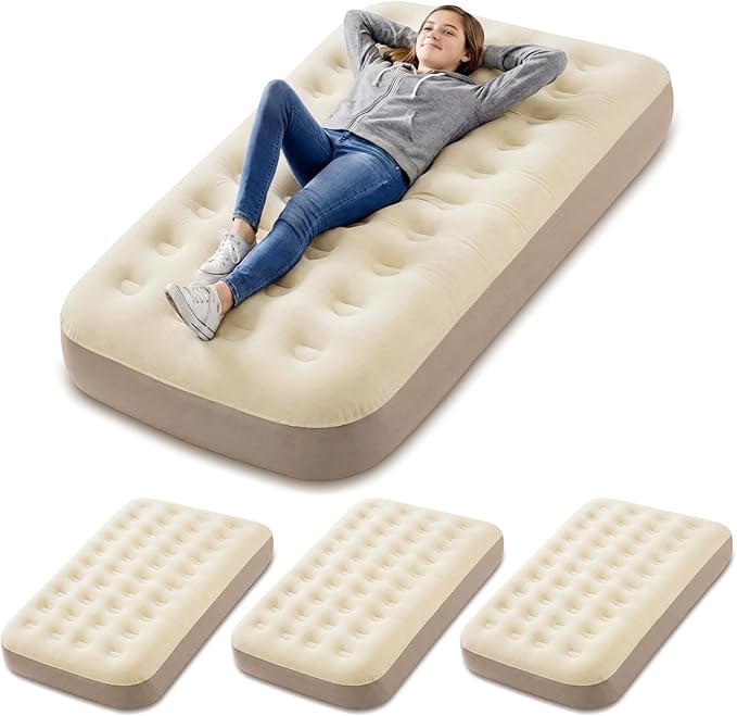 BreezeHug 4 Pcs Large Velvet Air Mattress Camping Twin Air Mattress Waterproof Portable Inflatable Blow Up Bed for Kids Adults Slumber Sleepover Party Guests Travel 73 X 39 X 7.9 Inches(Beige)
