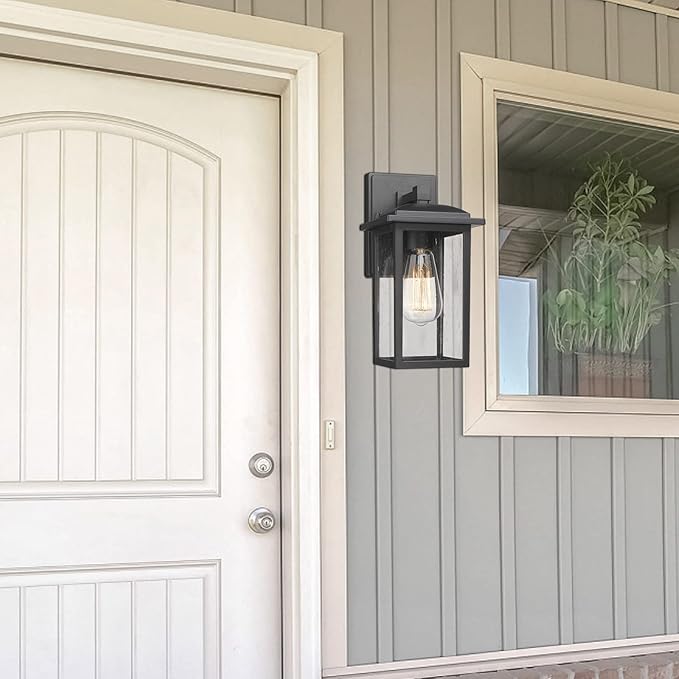 Outdoor Wall Sconce 1 Pack Exterior Light Lantern Fixture Porch Lights Lamp Outdoor Wall Mounted in Black Finish with Seeded Glass for House Garage Patio Yard Garden