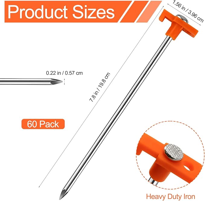 40 Pack Tent Stakes Heavy Duty 7.8 Inch Galvanized Non-Rust Metal Tent Pegs Ground Stakes Canopy Anchors Spikes Camping Accessories for Patio Garden Canopies Grassland Orange