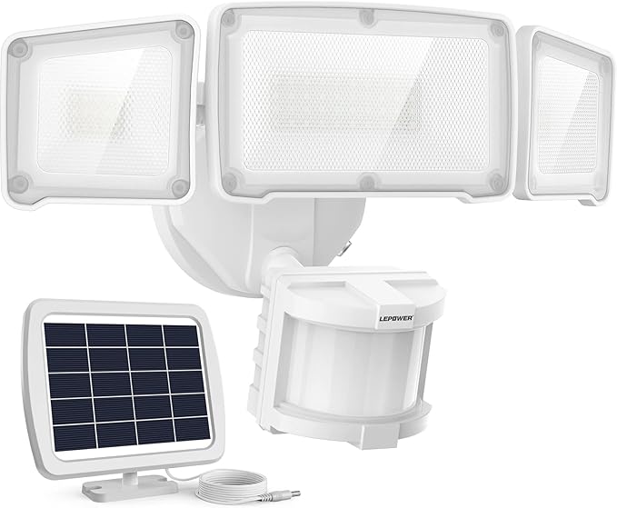 LEPOWER 1600LM LED Solar Security Lights Motion Outdoor Motion Sensor Light 5500K White Light IP65 Waterproof Outdoor Flood Solar Light with 3 Adjustable Head for Yard Garage（White）