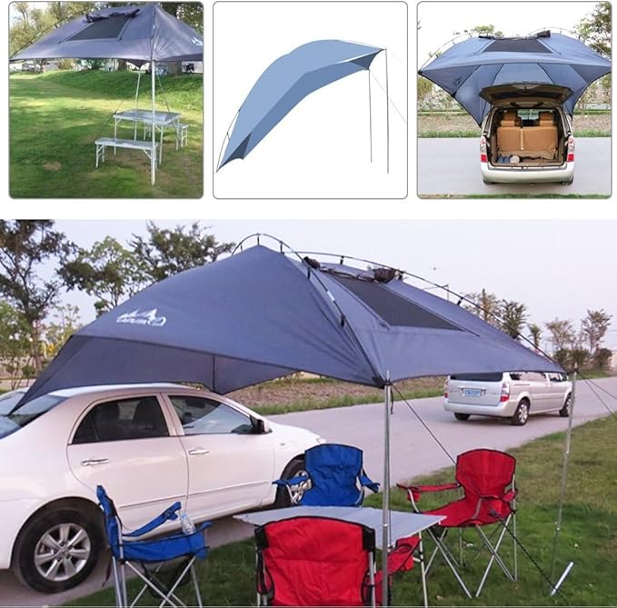PlayDo Waterproof Teardrop Trailer Awning Portable Car SUV Awning Tent Sun Shelter Canopy for Camping 4 Persons (Blue)