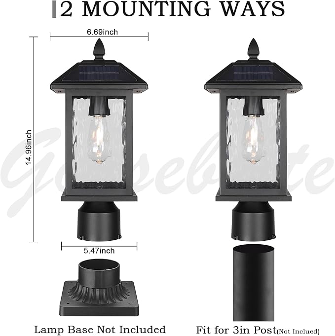 Solar Outdoor Post Light FixtureDusk to Dawn Modern Exterior Pillar Lantern with Black Finish &amp Water Ripple GlassWaterproof Outside Pole Light for Garden Backyard Courtyard