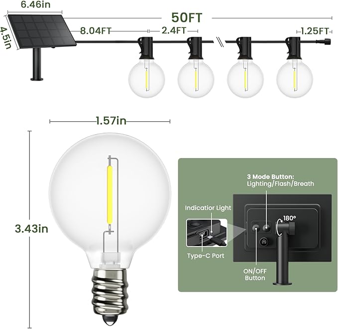 Svater Solar Outdoor String Lights 50 FT G40 Patio Lights Shatterproof Dimmable Vintage Edison Bulbs Solar Powered Weatherproof Light for Patio Backyard Garden Bistro Warm White