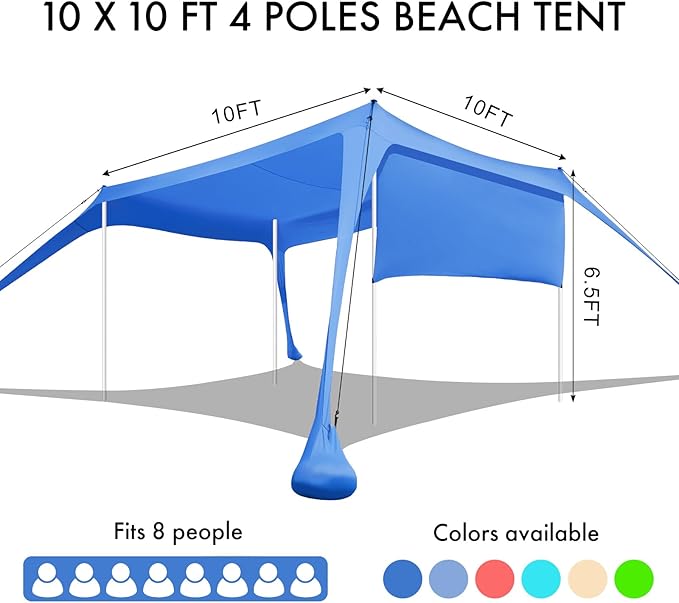 Beach Canopy Tent Shade with Sidewalls 10x10FT 6.6FT Tall UPF50+ Sun Shelter Windproof &amp Water Resistant Includes Guylines Sand Shovel Stability Poles Easy Up for Beach Outdoor Camping Backya