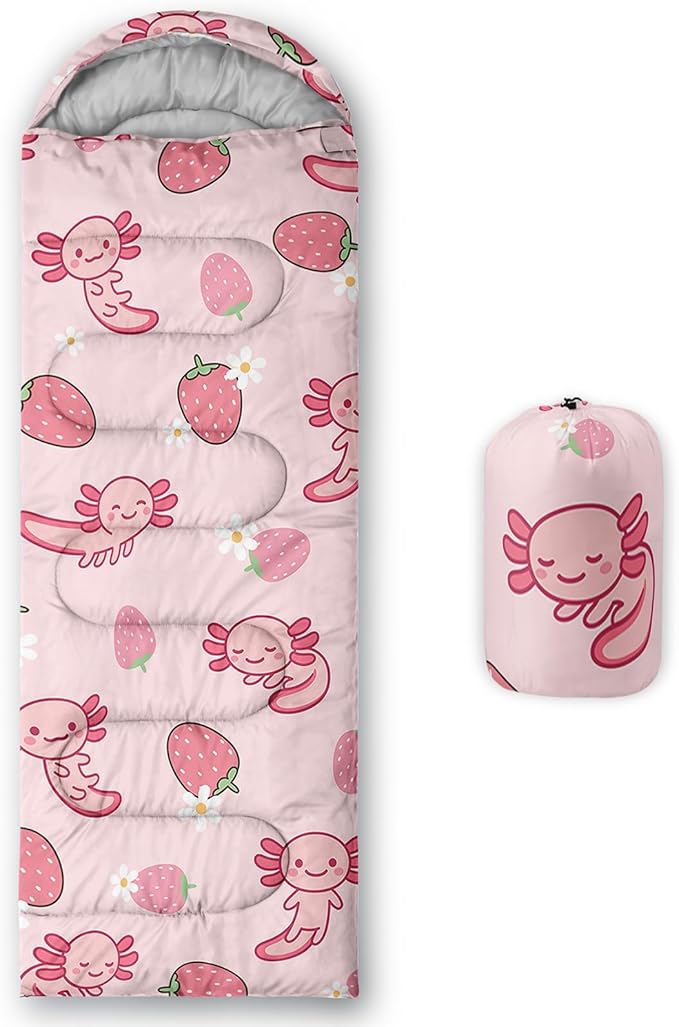 QOOMO Axolotl Cute Camping Sleeping Bags3 Season Warm &amp Cool WeatherLightweightWaterproof Sleeping Bags for Adults &amp KidsTravelingand Outdoors