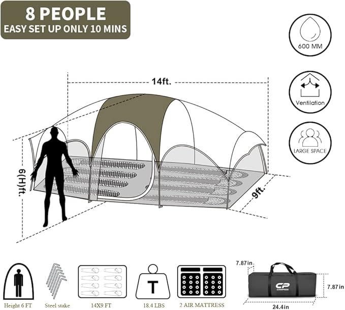 CAMPROS CP Tent 8 Person Camping Tents Weather Resistant Family Tent 5 Large Mesh Windows Double Layer Divided Curtain for Separated Room Portable with Carry Bag