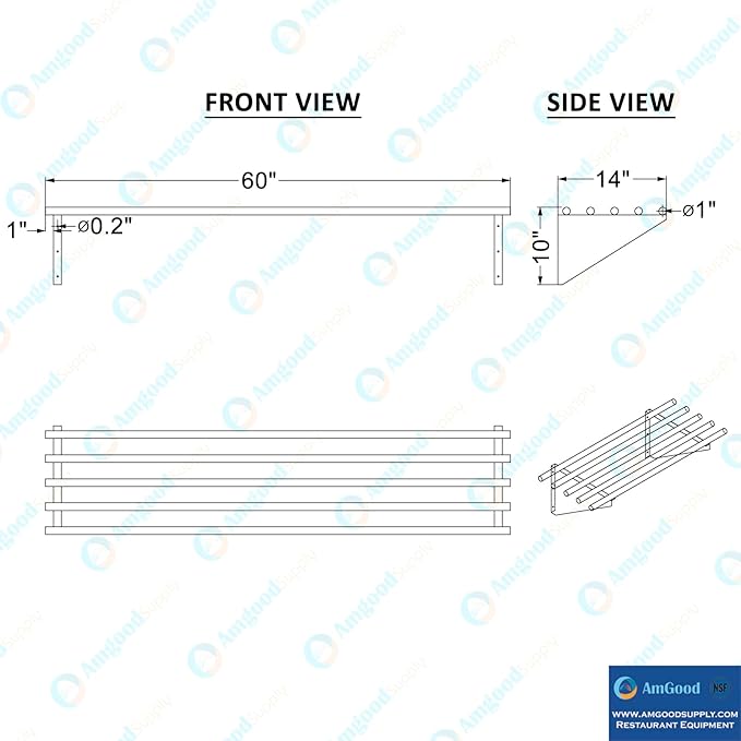 AmGood 14 in. x 60 in. NSF Stainless Steel Tubular Wall Shelf | Heavy-Duty Metal Shelving for Appliances &amp Equipment | Ideal for Kitchen Restaurant Garage Laundry Utility Room
