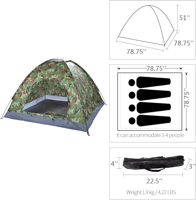 VINGLI Camouflage Camping Tent Portable Dome Tent for 3/4 Person with 78L”x 78W”x 53H”Waterproof Nylon Oxford for Hiking Climbing Camping Backpacking