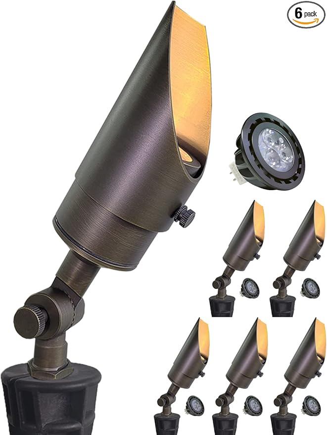 MALORY Brass Landscape Spotlight 6-Pack with MR16 Bulb Kit(S04) Low Voltage 12V AC/DC Shroud Adjustable Outside Yard LightsPVC Ground Stake and Wire Connector Included 5W 2700K Warm White