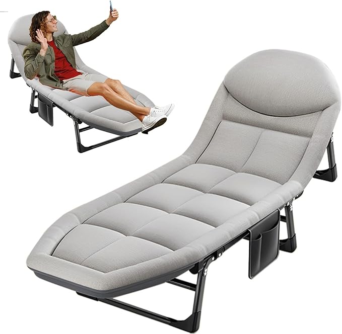 Portable Outdoor Folding Lounge Chair with Adjustable Sleeping Cot Dark Gray Chaise Lounge Chair for Beach Lawn Camping Pool Sun Tanning