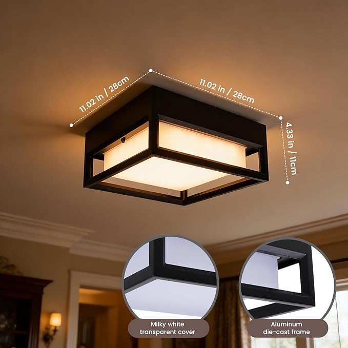 Out/Indoor Flush Mount Ceiling Light Square Flush Mount Outdoor LED Pendant Mounted Light Ceiling Light Fixture LED 20W 2000 Lumen 3000K Suitable for Wet Location(11inch)
