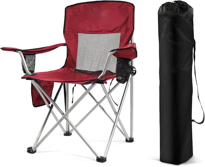 Simple Deluxe Outdoor Foldable Camping Chair with 300lbs Capacity and Sturdy Material Outdoor Camping Chair with Cup Holder &amp Carrying Bag Suitable for Sports Beaches and Camping Red