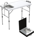 Allpop Fold-in-Half Fish Cleaning Table with Sink &amp Carrying Bag 50'' Portable Folding Camping Fish Station with Drainage Hose Faucet Sprayer Storage Box &amp Grooves for Picnic White