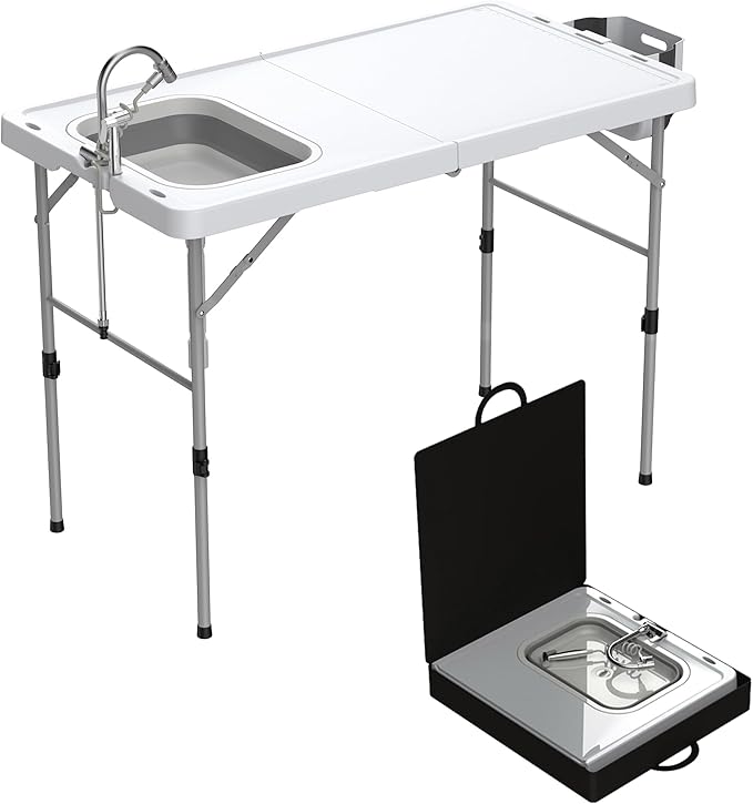 Allpop Fold-in-Half Fish Cleaning Table with Sink &amp Carrying Bag 50'' Portable Folding Camping Fish Station with Drainage Hose Faucet Sprayer Storage Box &amp Grooves for Picnic White