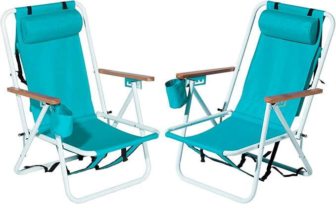 Outvita Folding Beach Chair Adjustable Headrest w/4 Flexible Tilt Angle Cup Holder Portable High Strength Cleanable Fabric for Sand Camping Lawn Concert Travel Festival