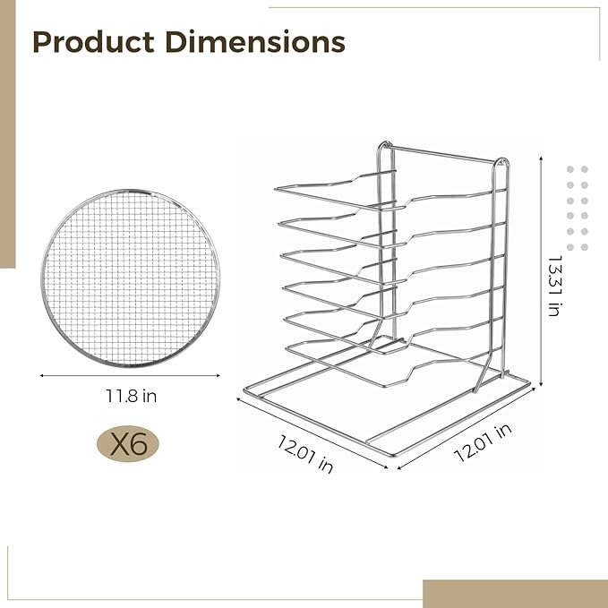 OMISTAR 6 Tier Pizza Rack With 6 Perforated 12 Inch Perforated Pizza Pans with Holes 13.3' H x 12'' L x 12'' W Pizza Pan Rack Holder for Buffet Table Easy Storage Multiple Pizzas (6 Tier)