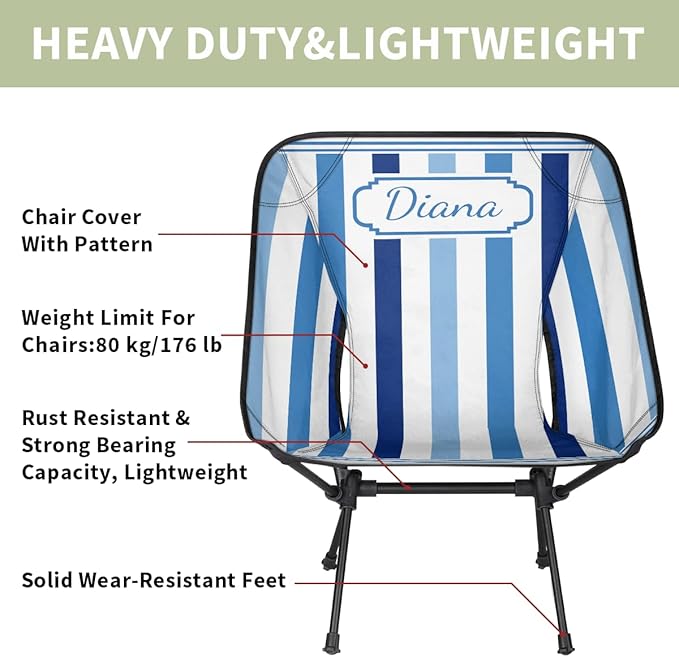 Custom Portable Camping Chair for Adults Women Men Personalized Name Lightweight Folding Backpacking Hiking Chair Blue Stripes